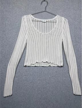 Abercrombie Fitch Open Knit Crochet Crop Sweater S Cotton Scoop Neck Lettuce Hem